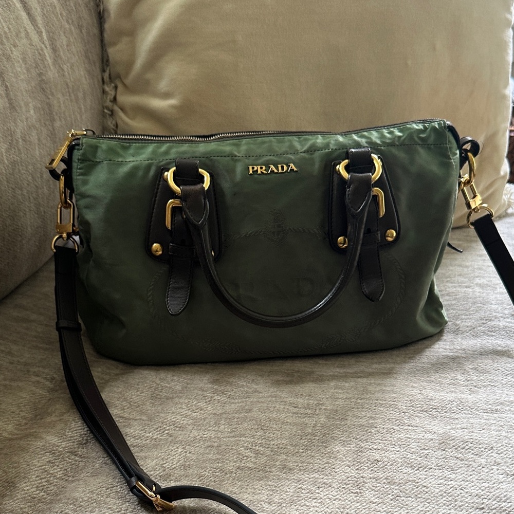 Prada Olive Green Nylon Shoulder Bag with Black Leather Trim